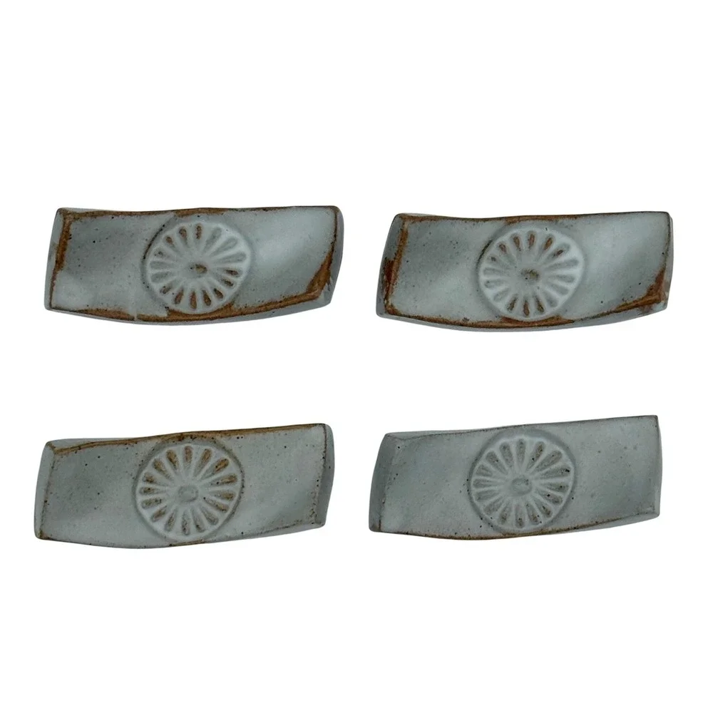 4 Handmade Stoneware Chopstick Rests –‎ Rustic Floral Medallion, Greige Glaze